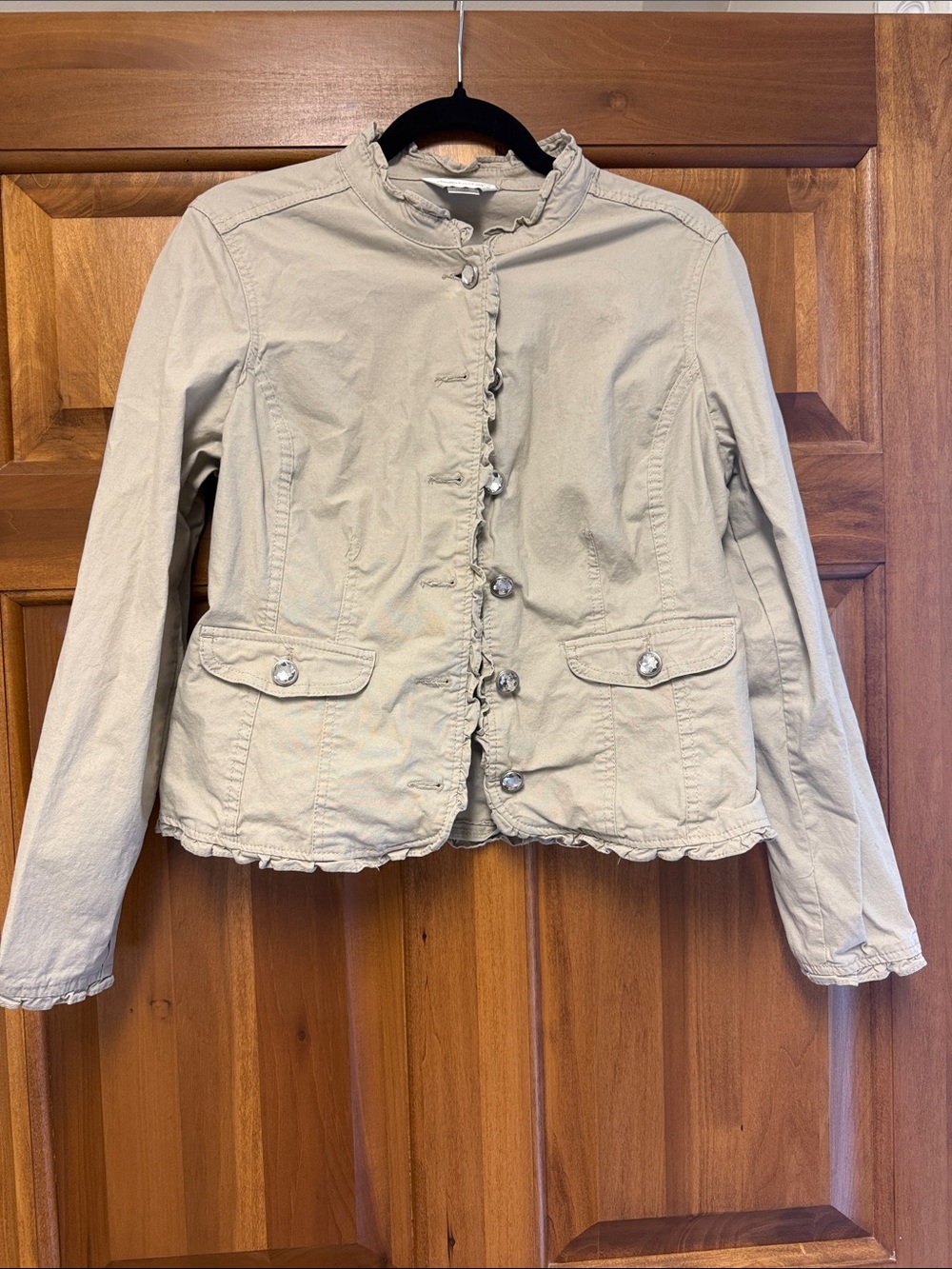 Christopher & Banks Cream Ruffle-Trim Button Jean Jacket